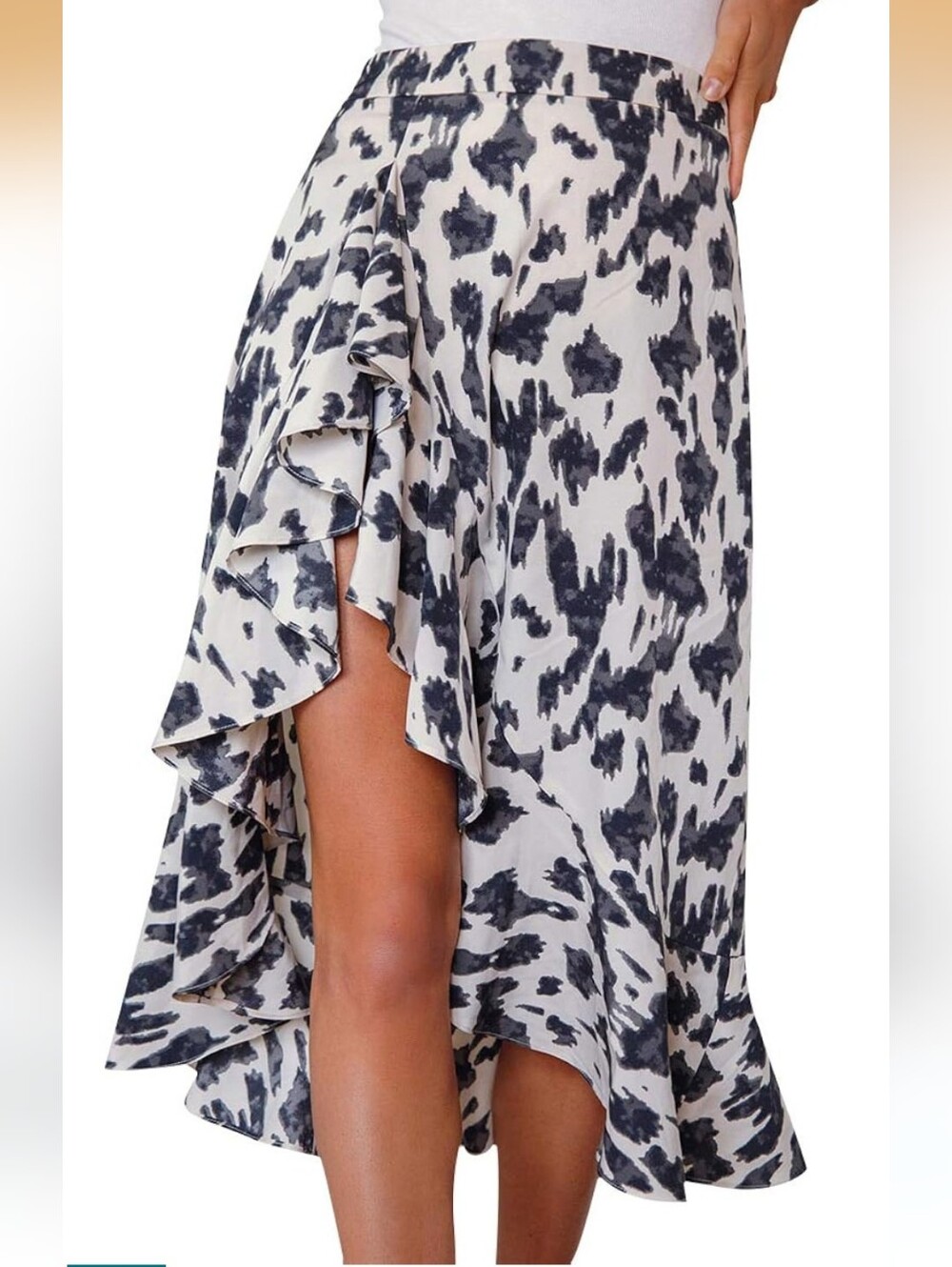 Women High Waist Ruffle Hem High Low Leopard Print Midi Skirt Size Large